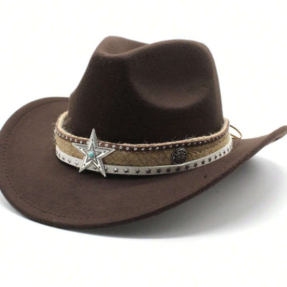 Brown Western Cowboy, Cowgirl Hat, Lone Star Strap, Men Women Retro Wide‎ Brim